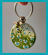 Image 3 of 'Turquoise Daisies' Hand-painted Keyring Pendant