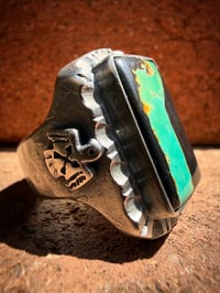 Image 2 of WL&A Handmade Heavy Sterling Silver Black Jack Ribbon Thunderbird Signet Ring - Size 11