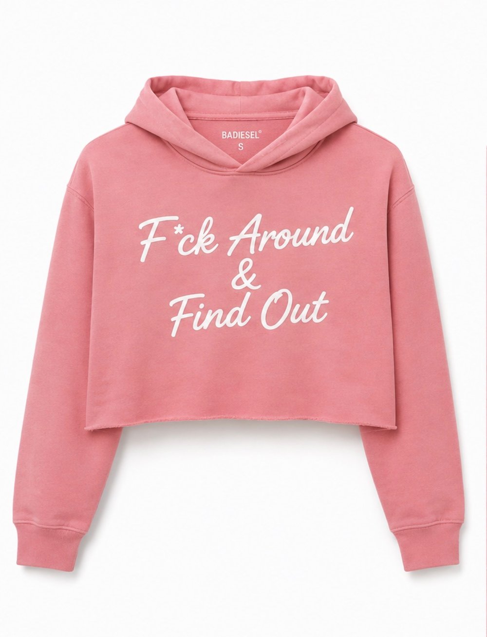Image of F*ck Around & Find Out women’s crop top pink hoodie.
