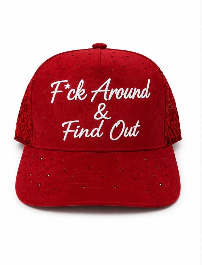 Image of F*ck Around & Find Out cursive rhinestones red SnapBack 