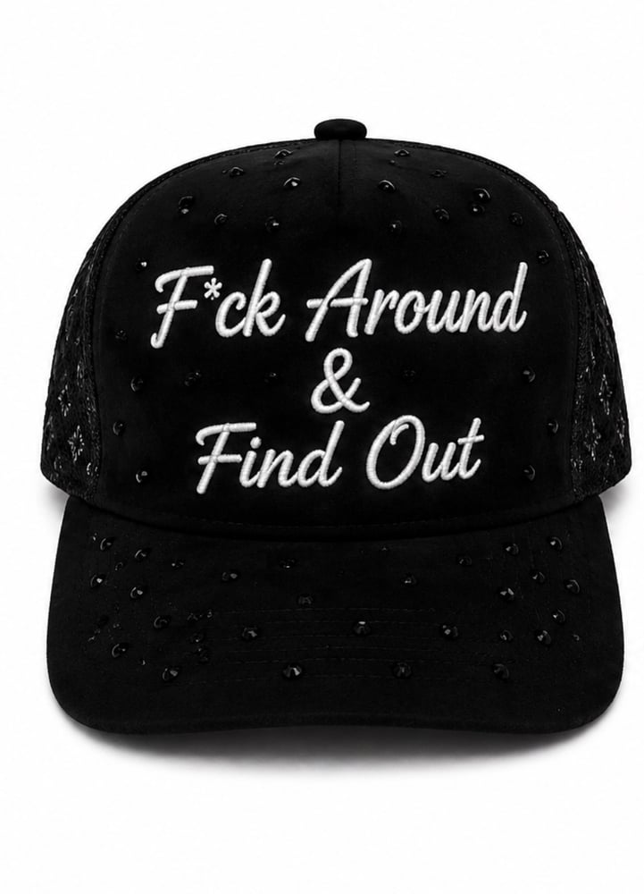 Image of F*ck Around & Find Out cursive rhinestones Snapback black