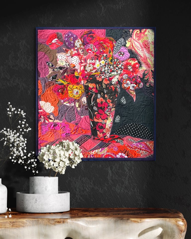 Noir Night - Floral Textile Wall Art, Dark Botanical Wall Decor, 69 x 62 cm