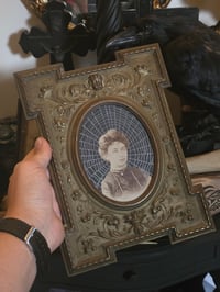 Image 1 of Statement ornate vintage frame made from Tin and wood - Victorian Photocard with real preserved web