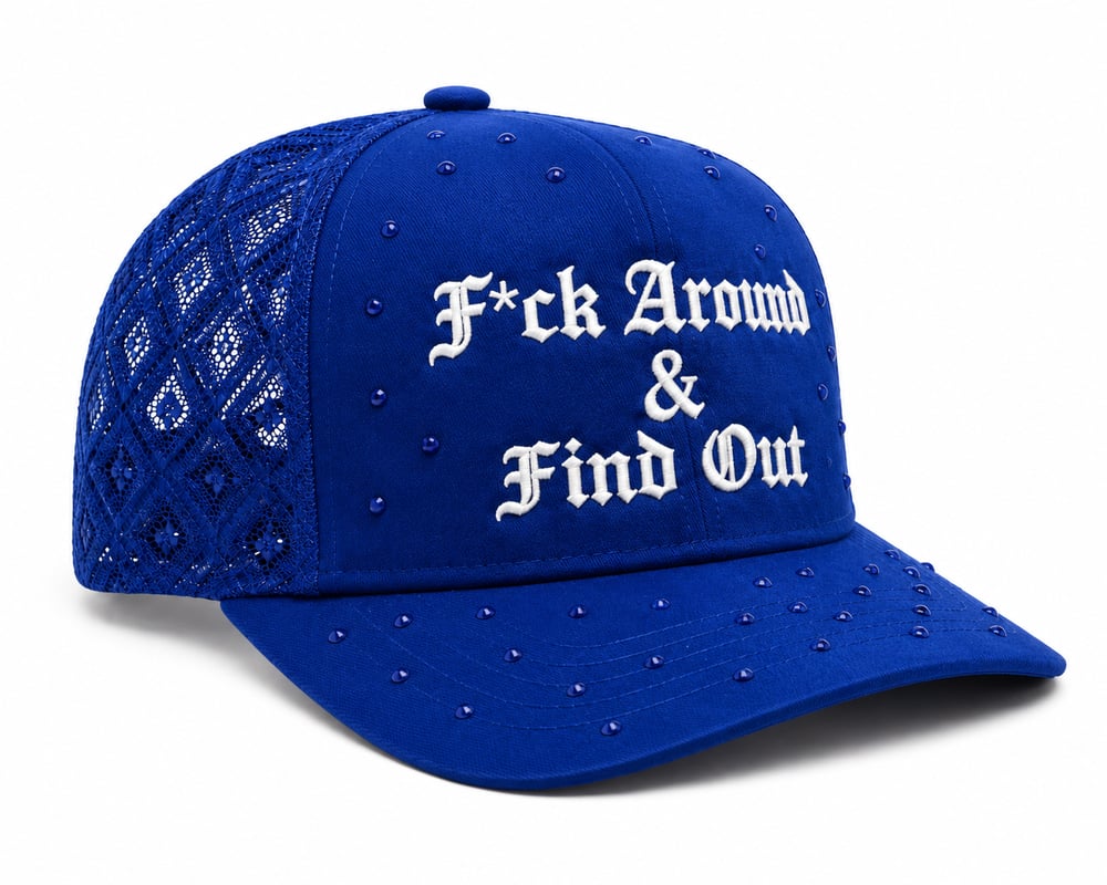 Image of F*ck Around & Find Out old English rhinestones SnapBack blue