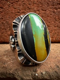 Image 1 of WL&A Old Style Aged Bronze & Sterling Oval Black Jack Turquoise Thunderbird Signet - Size 10