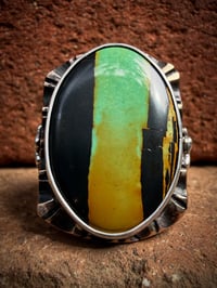 Image 3 of WL&A Old Style Aged Bronze & Sterling Oval Black Jack Turquoise Thunderbird Signet - Size 10
