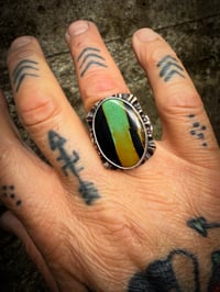Image 4 of WL&A Old Style Aged Bronze & Sterling Oval Black Jack Turquoise Thunderbird Signet - Size 10