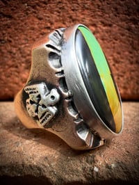 Image 2 of WL&A Old Style Aged Bronze & Sterling Oval Black Jack Turquoise Thunderbird Signet - Size 10