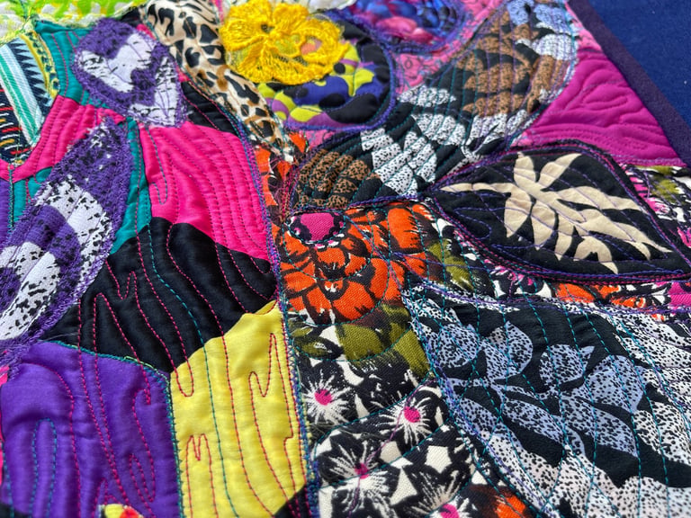 If Jazz Improvization Became a Still Life - Handmade Floral Art, Colorful Fabric Collage, 77x50cm Image 4