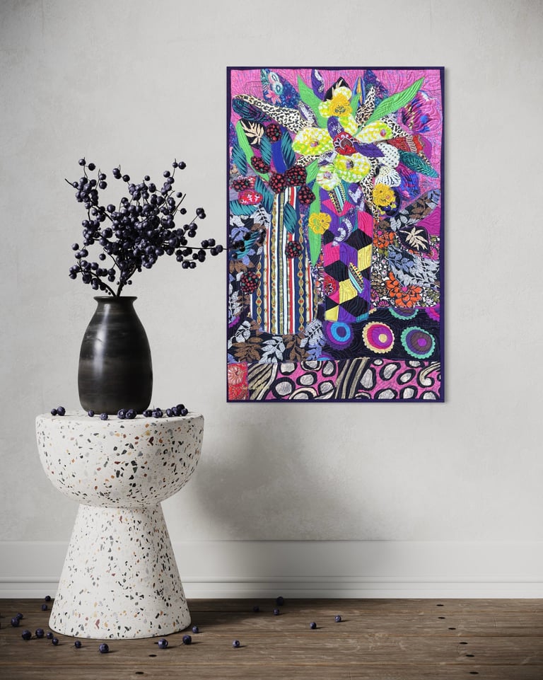 If Jazz Improvization Became a Still Life - Handmade Floral Art, Colorful Fabric Collage, 77x50cm