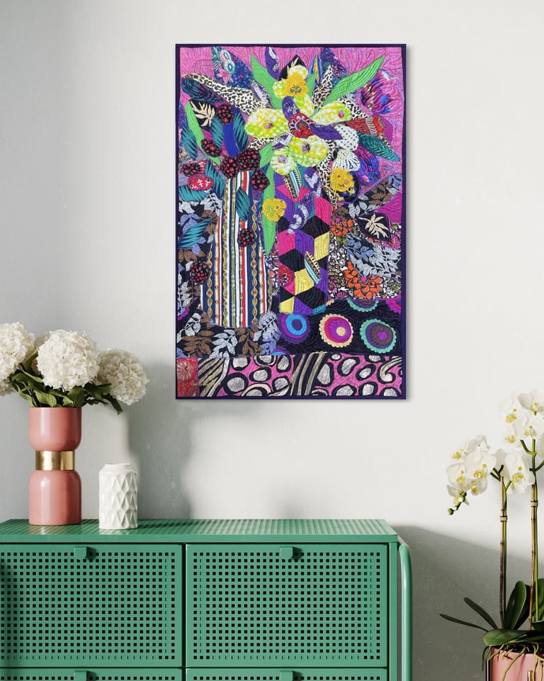If Jazz Improvization Became a Still Life - Handmade Floral Art, Colorful Fabric Collage, 77x50cm Image 5