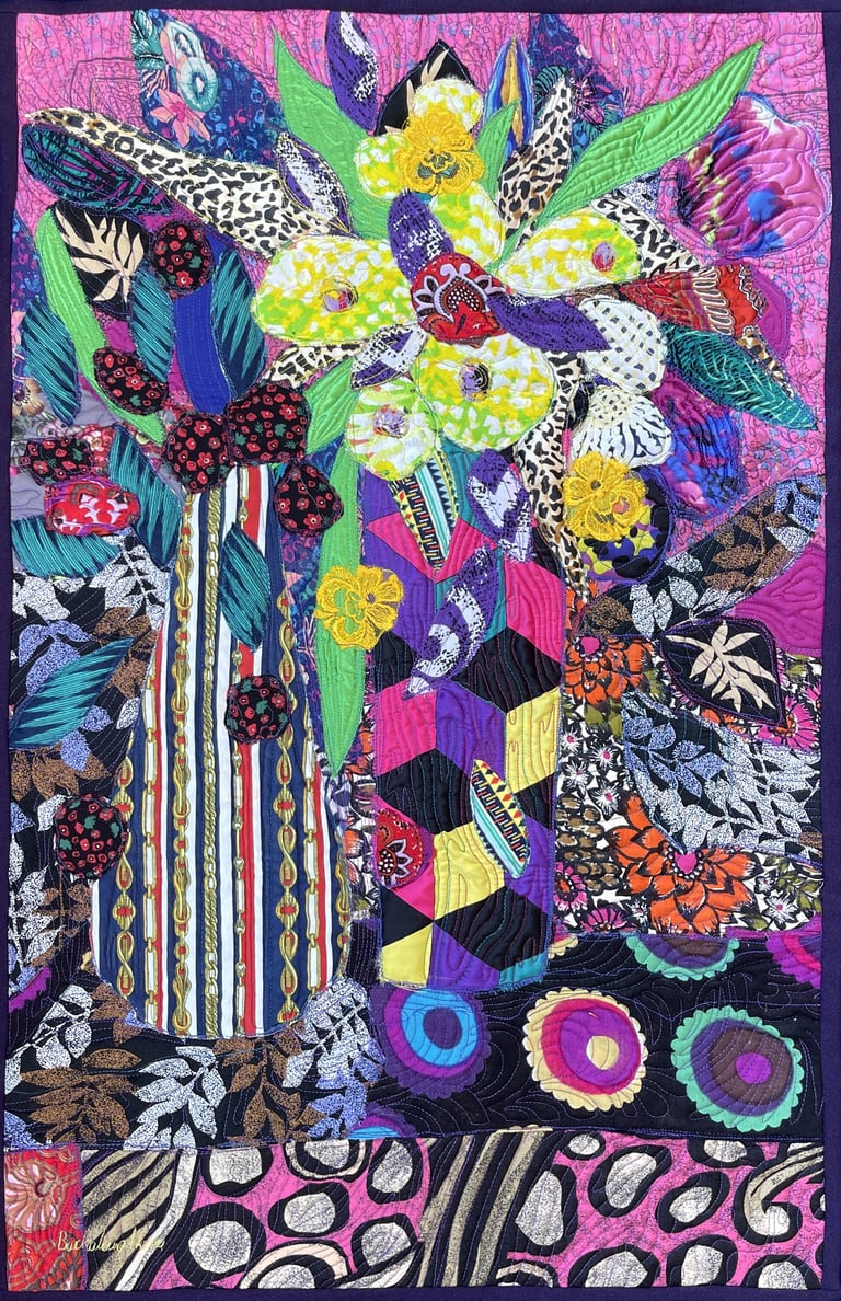 If Jazz Improvization Became a Still Life - Handmade Floral Art, Colorful Fabric Collage, 77x50cm Image 2