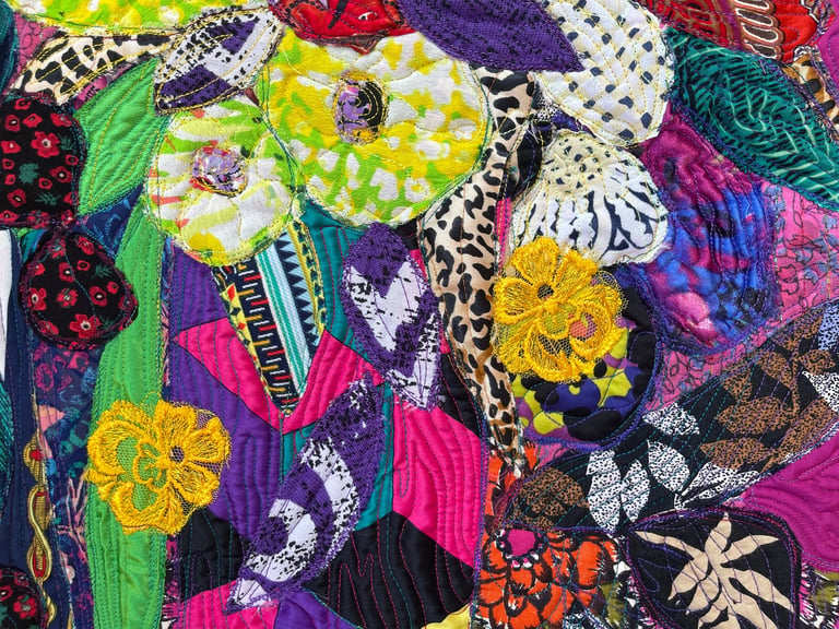 If Jazz Improvization Became a Still Life - Handmade Floral Art, Colorful Fabric Collage, 77x50cm Image 7