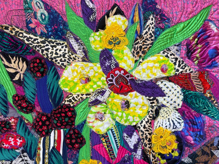 If Jazz Improvization Became a Still Life - Handmade Floral Art, Colorful Fabric Collage, 77x50cm Image 9