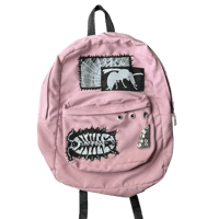 Image 1 of Pink patch backpack with recycled skateboard keychain 