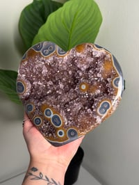 Image 1 of AGATE X AMETHYST STALACTITE HEART ON CUSTOM STAND -URUGUAY- A
