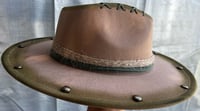 Image 3 of Tan Fedora Hat Green Edges Rope & Feathers Band 