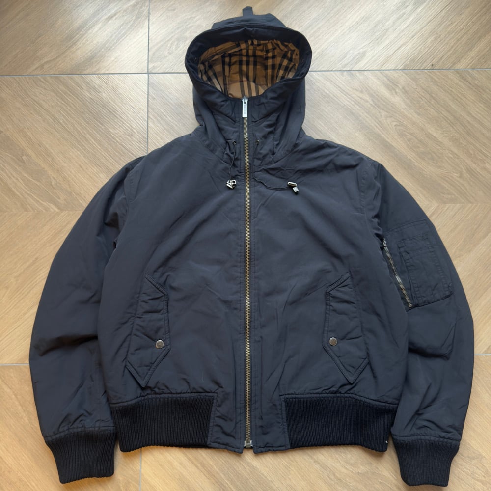 Image of Burberry Hooded Nylon Bomber Jacket, size Medium