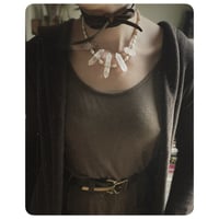 Image 1 of The Ariella Necklace - Double Terminated Clear Quartz Brass Pearls and Chocolate Brown Leather 