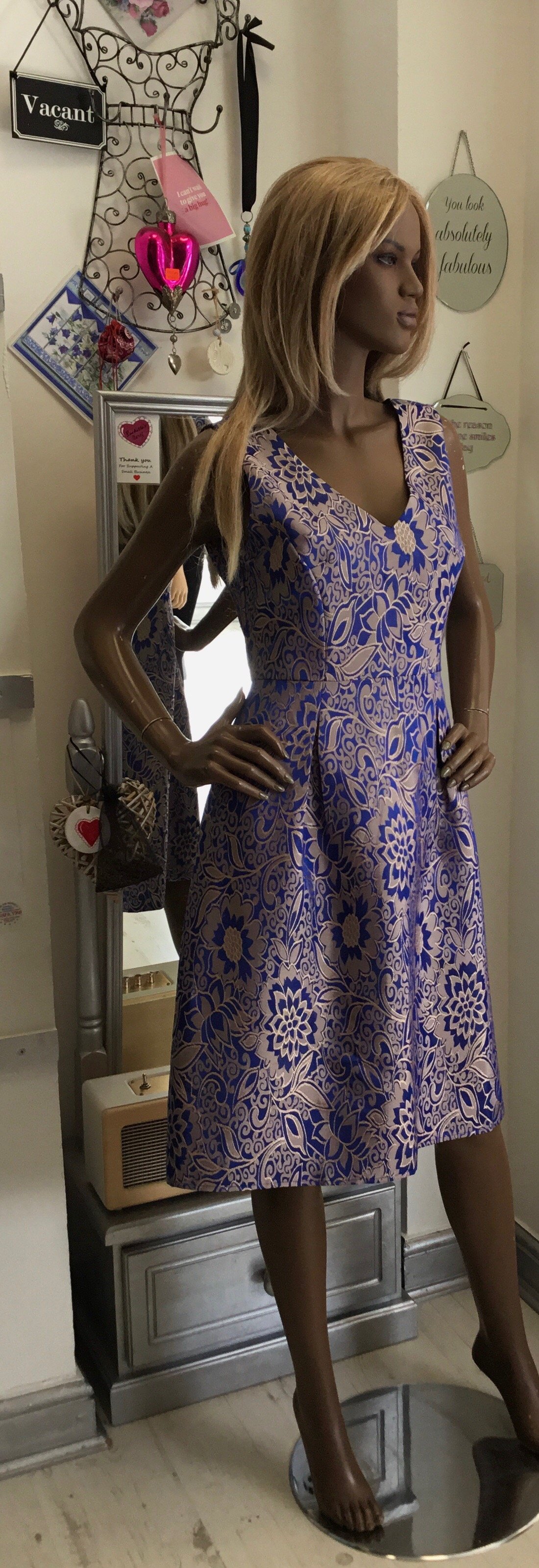 Image of BLUE/GOLD FLORAL DRESS 10/12 £16 WAS £32