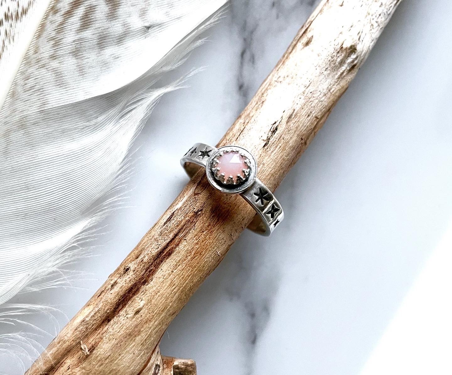 Image of Handmade Steing Silver Celestial Starry Pink Opal Ring 925