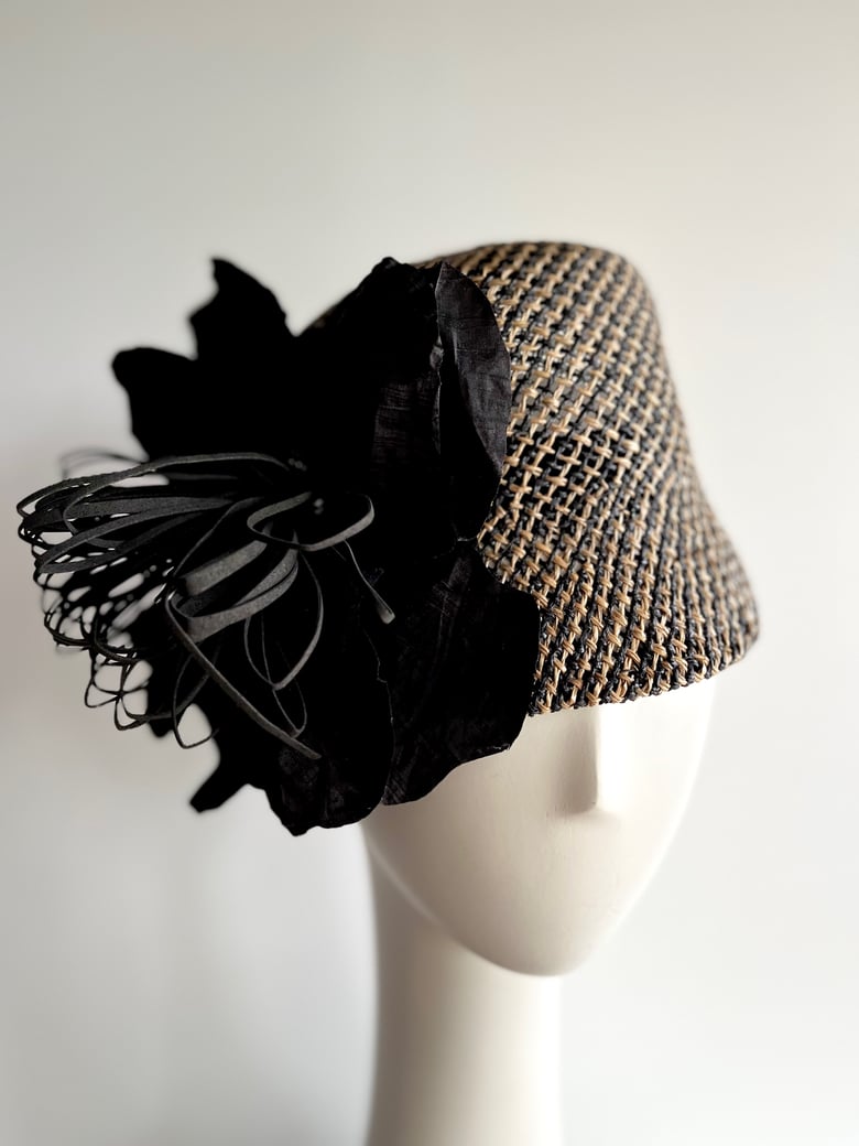 Image of Black & tan straw cap w oversize flower 