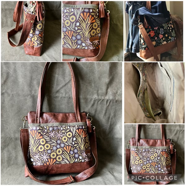 Image of Fall garden print Handbag crossbody purse fall shades brown vegan leather canvas 