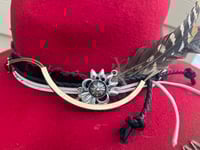 Image 4 of Handmade Red Torch Burned Fedora Hat Band Red Layered & Feathers