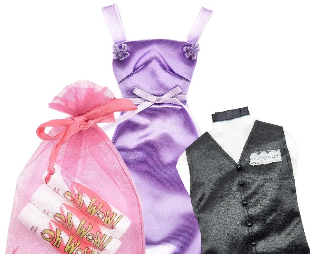 Oh WoW!&reg; pink organza bag with three lip balm tubes inside, next to a purple prom dress favor and a tuxedo wedding favor