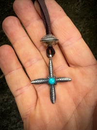 Image 3 of WL&A Handmade Old Style Carico Lake Turquoise Four Corners Pendant w/ Mercury Dime Pearl