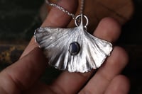 Image 1 of Vera foglia di ginkgo biloba rivestita d'argento con labradorite blu