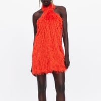 Image 1 of ZARA fuzzy fringe halter neck mini orange dress