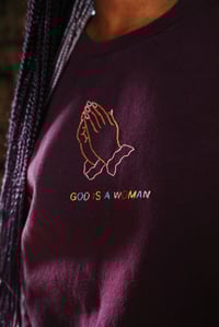 Image 2 of Hand Embroidered Crewneck Sweatshirt - “GOD IS A WOMAN” - L