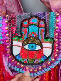 Image 4 of FRILL MINI body cross Sari bag with ruffles - detachable strap wear on waist too-Hamsa hand