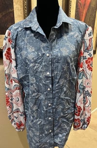 Image 4 of Vintage Funky Blue Denim Floral Print Shirt Floral Print Sleeves Sugar Skull Girl