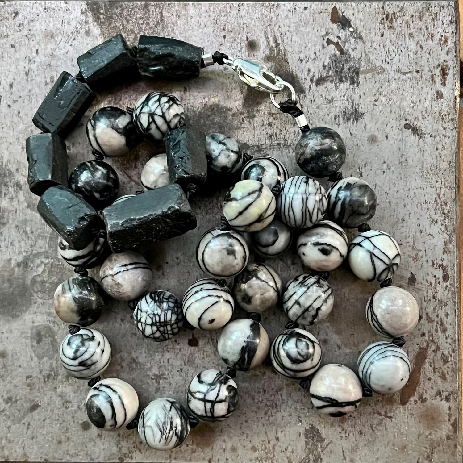 Image of Black Spider Web Jasper & Tourmaline Hand-tied Necklace