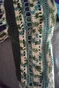 Image 4 of Crocheted pullover fringed shrug (various shades of green & off white)