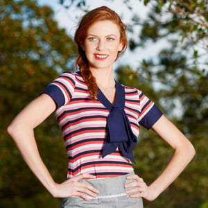 Image of Pink, Navy & White Stripe "Marie Bow Top" Knit Jersey T-shirt, w Navy Large Bow