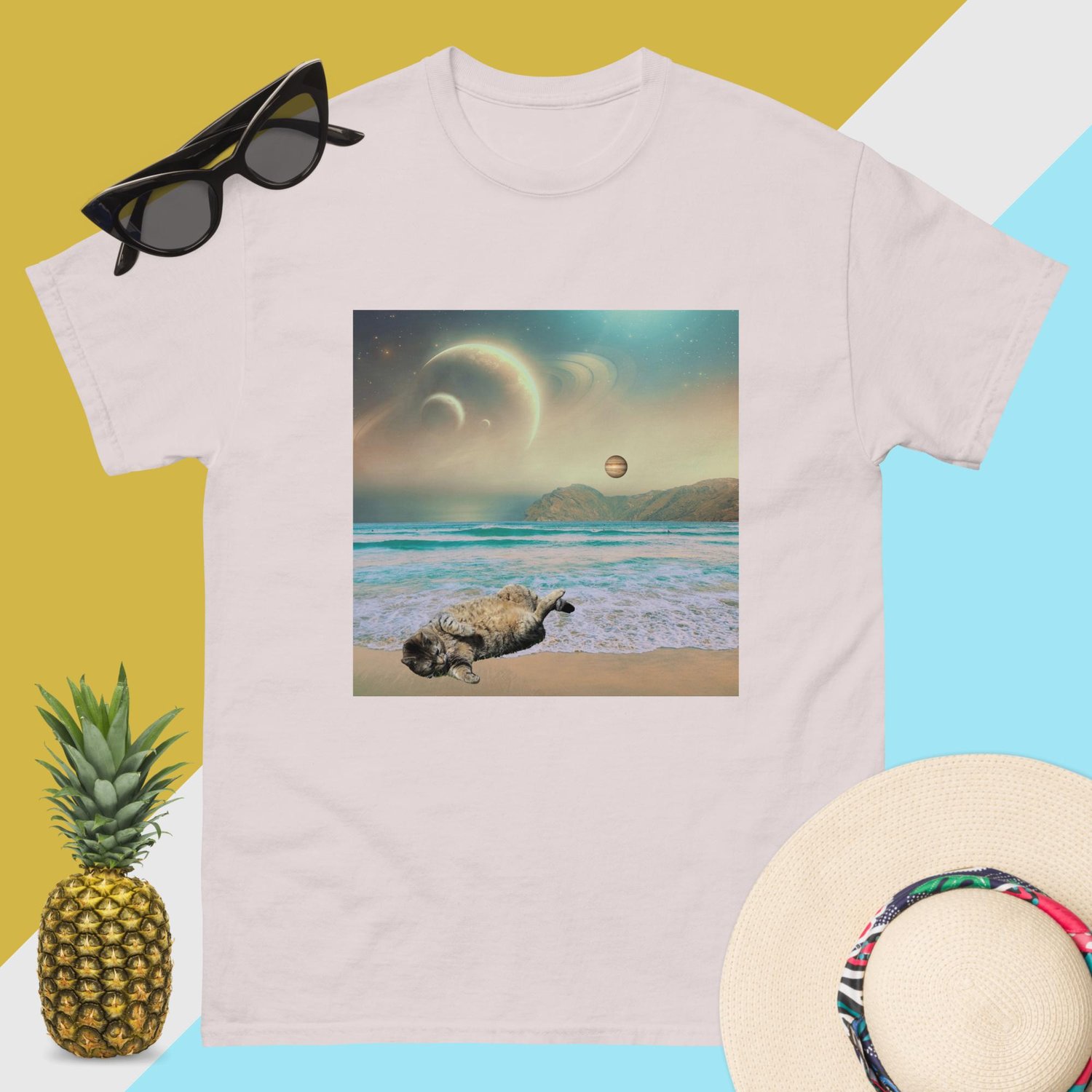 Image of Cat Chilling on a Space Beach - Unisex Classic Fit T-Shirt