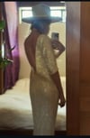 late 60s plunging low back champagne sequin crochet maxi dress