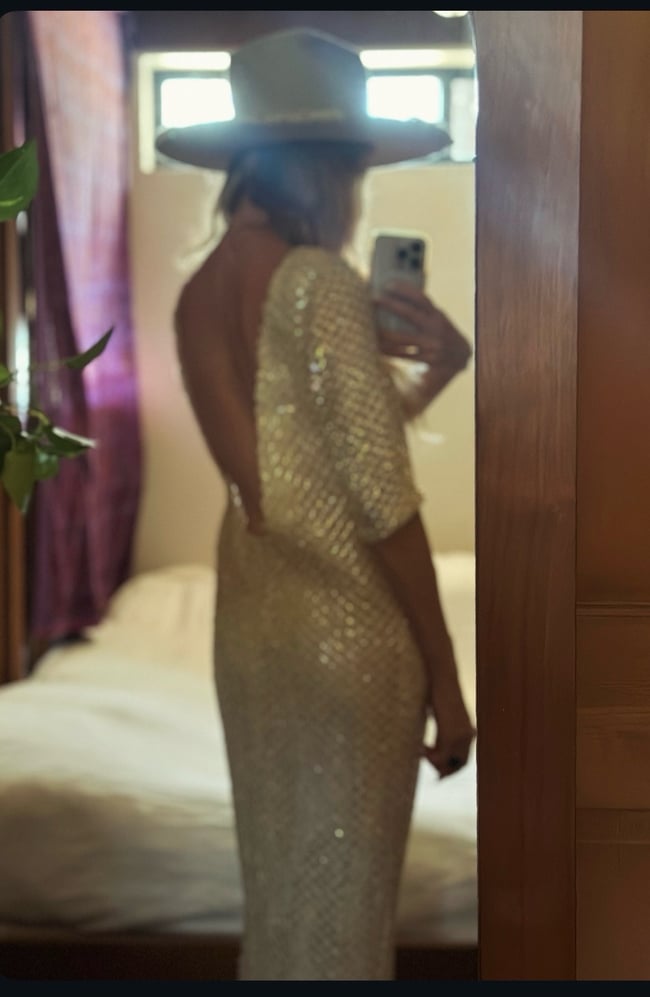 late 60s plunging low back champagne sequin crochet maxi dress