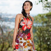 Image of Hibiscus Wrap Around Halter Dress, Printed Cotton Summer Dress w A-line Knee Length Skirt, Gathered 