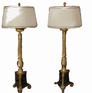 Image of Huge Pair French Empire Gilt Bronze Pricket Lamps c1820