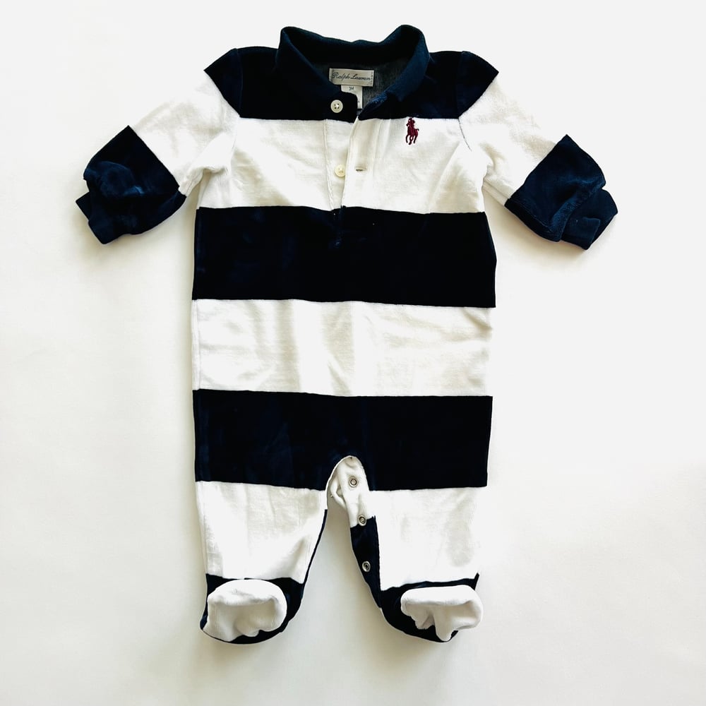 Image of RALPH LAUREN VELVET LUX STRIPED ONESIE size 3M