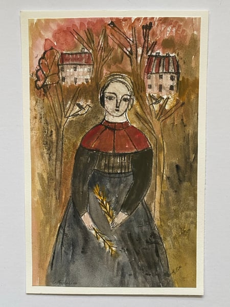 Image of Woman in red caplet (autumn landscape) - monoprint artwork 