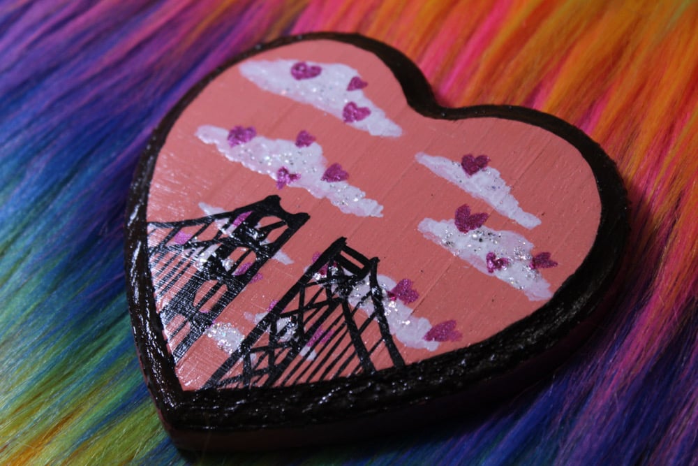 Image of Golden Gate & Bay Bridge Pink Wood Heart 