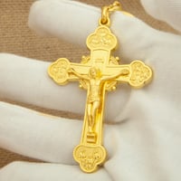 Image 1 of Orthodox Crucifix Keychain Gold Tone Religious Engraved Cross Keyring for Church Souvenir Christian 