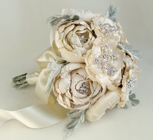Image of Ivory and Cream Silk Catala and Jeweled Bloom Bridal Bouquet w/ Velvet Leaves
