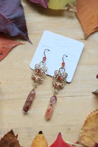 Image 2 of Brass + Red Garnet Woven Earrings