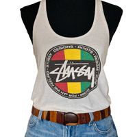 Image 2 of Vintage 1990s Stussy White Tank Top - Rydim for Jah Irie Feeling - Size Small